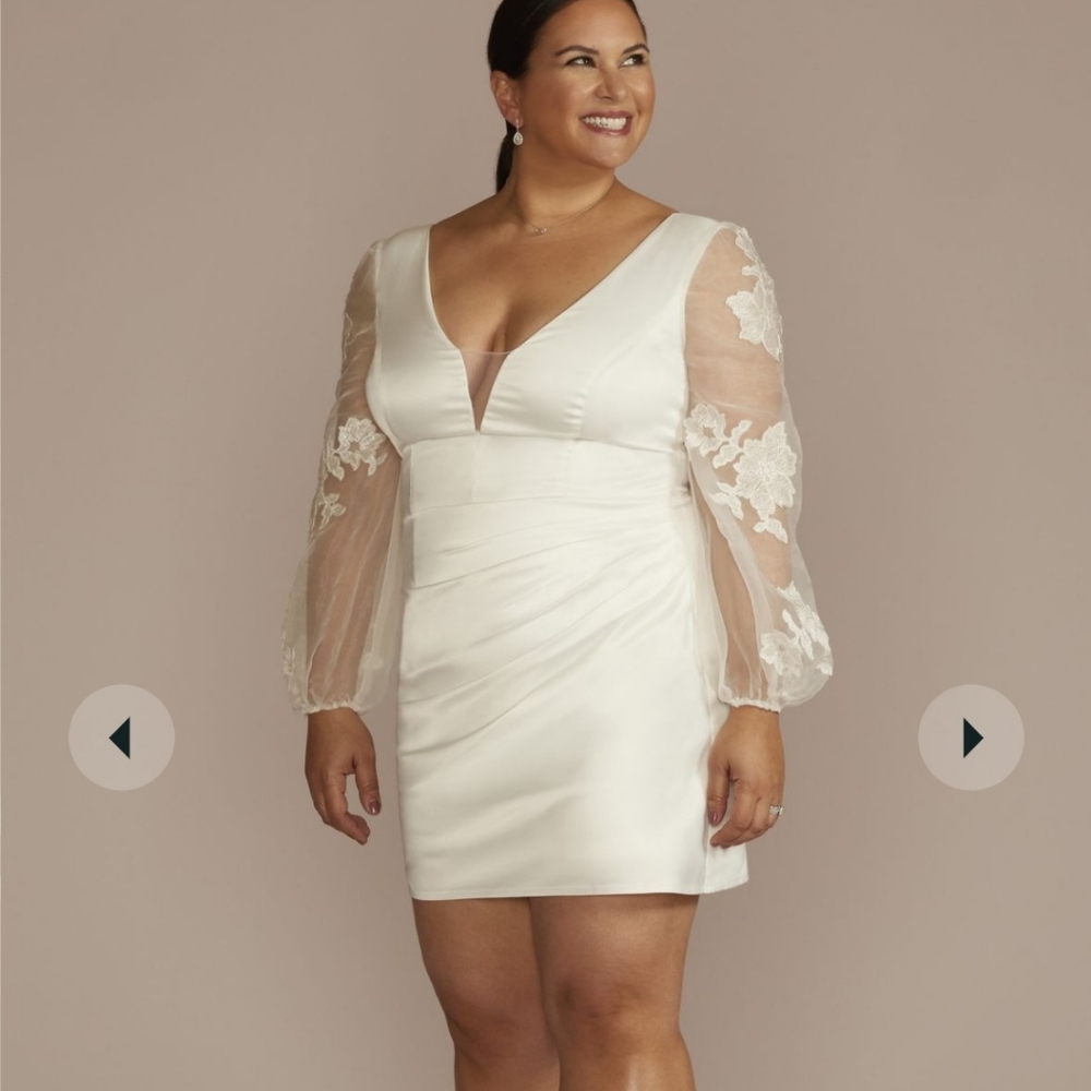 David's Bridal Long sleeve satin mini wedding dress